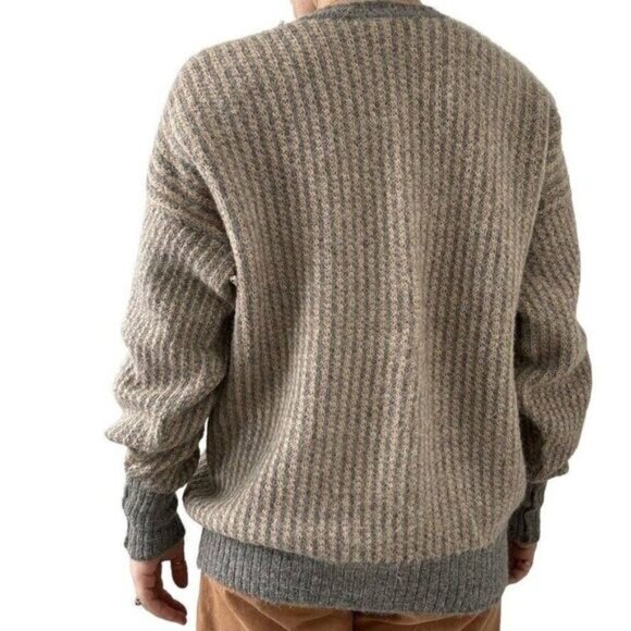 Vintage Jaeger 100% Alpaca Grey Tan Striped Soft Oversized Preppy Sweater Sz L - Picture 6 of 8